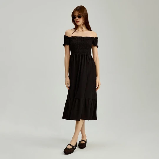 Zdjęcie produktu Czarna sukienka midi fit&flare z falbanami House
