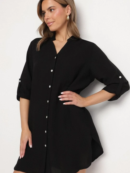Zdjęcie produktu Czarna Sukienka Oversize z Bawełny o Prostym Kroju Koszulowym Elanistra M&d Fashion