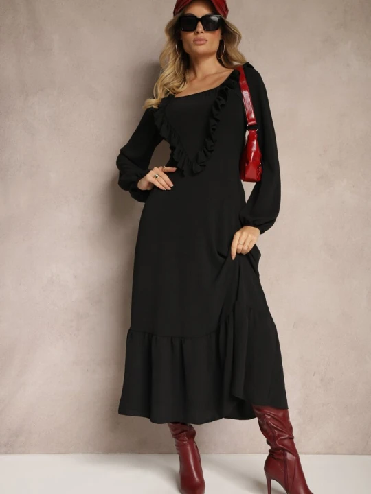 Zdjęcie produktu Czarna Sukienka Ozdobiona Falbanami o Rozkloszowanym Kroju Alleira Fashion Station