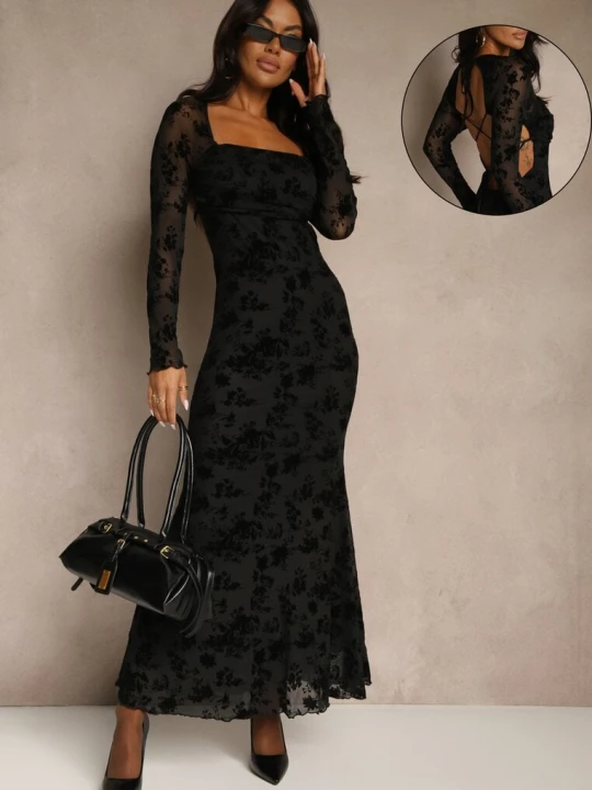 Zdjęcie produktu Czarna Sukienka VICES Bodycon z Siateczki Ozdobionej Wzorem w Kwiaty Rivita