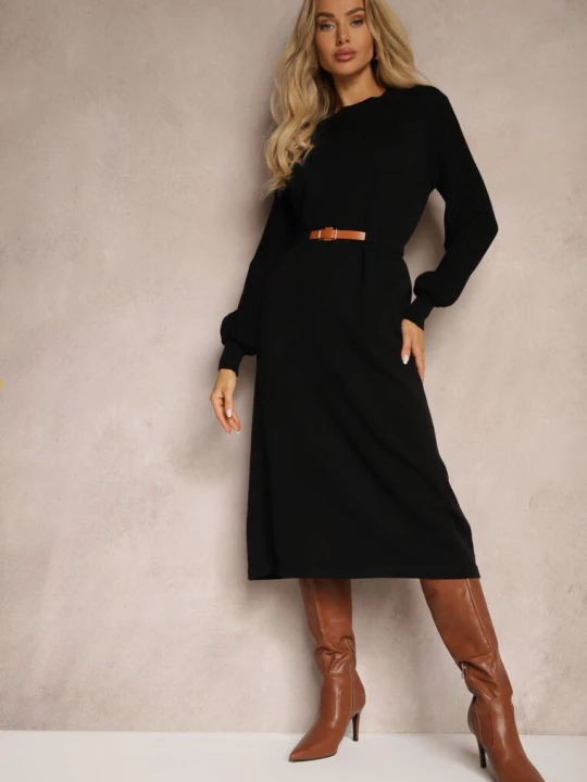 Zdjęcie produktu Czarna Sukienka z Dodatkiem Wiskozy z Paskiem i Ozdobnymi Rękawami Daiviane Unigirl