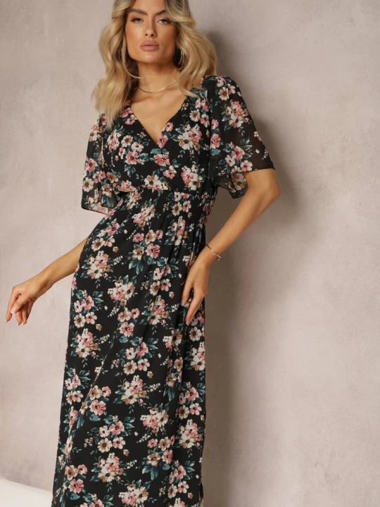 Zdjęcie produktu Czarna Sukienka z Wiązaniem na Plecach z Krótkim Rękawem i Metaliczną Nicią Mleada M&d Fashion