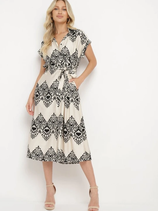 Zdjęcie produktu Beżowo-Czarna Taliowana Sukienka Boho z Wiskozą Wiązana w Talii Paskiem Losofia Unigirl