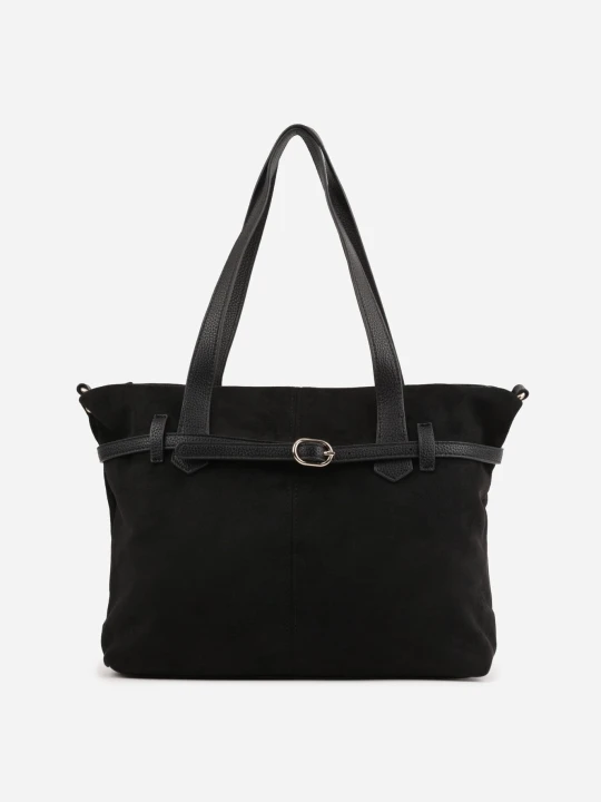Zdjęcie produktu Czarna Torebka Shopperka z Imitacji Zamszu z Eleganckim Paskiem z Klamerką Ludrey Caely