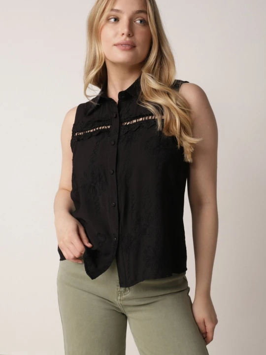 Zdjęcie produktu Czarna Wiskozowa Koszula Bez Rękawów w Stylu Boho z Haftem Viviebelle Romee's