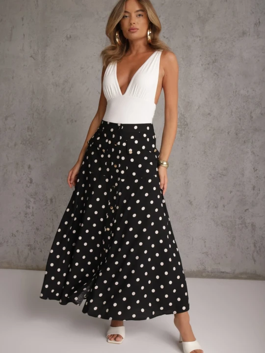 Zdjęcie produktu Czarna Wiskozowa Spódnica High Waist w Kropki z Guzikami Tadalion Unigirl