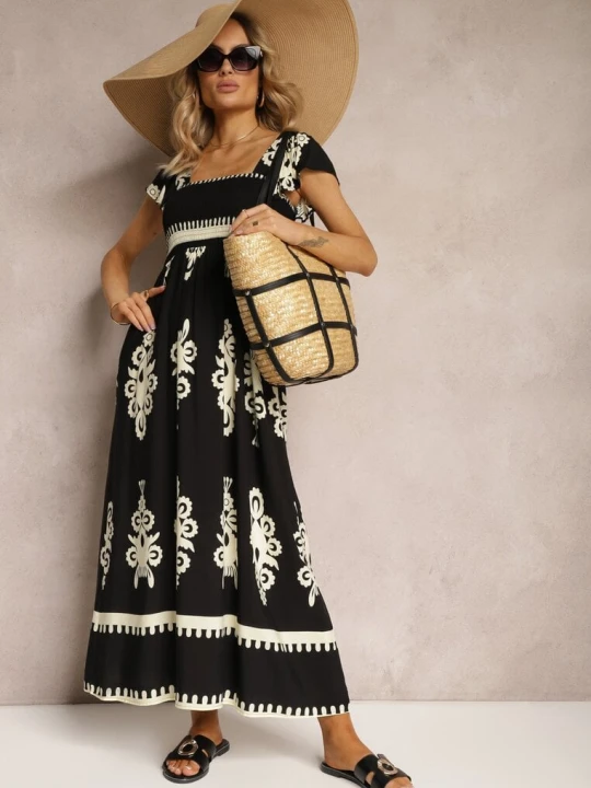 Zdjęcie produktu Czarna Wiskozowa Sukienka Boho z Falbankami i Gumką w Talii na Szerokich Ramiączkach Dreria Unigirl