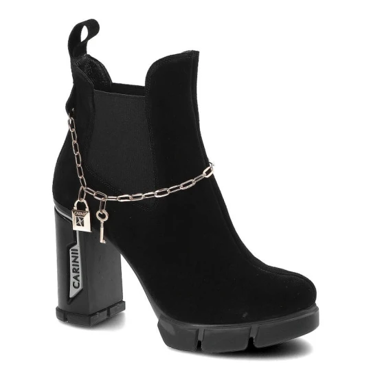 Zdjęcie produktu Botki damskie Carinii, eleganckie botki damskie na masywnym obcasie z ozdobnym łańcuchem, czarny, B8482_-H20-000-000-E36