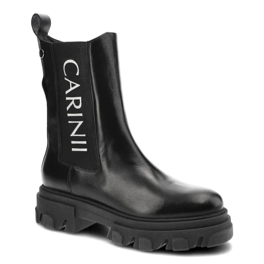 Zdjęcie produktu Botki damskie Carinii, gładka skórzana cholewka z kontrastowym nadrukiemsolidna podeszwa i praktyczny suwak, czarne, B8020_-E50-000-000-E33
