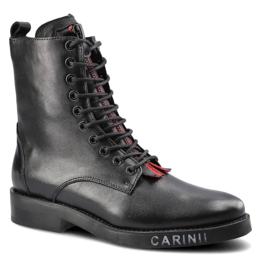 Zdjęcie produktu Botki damskie Carinii, podwyższona cholewka gładka skórzana powierzchnia niski stabilny obcas solidna podeszwa, czarne, B5752_-E50-000-POL-E00
