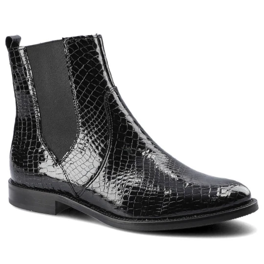 Zdjęcie produktu Botki damskie Dwunasty Shoes, fason z elastycznymi wstawkami lakierowana cholewka z tłoczoną fakturą niski stabilny obcas smukła konstrukcja eleganck czarny