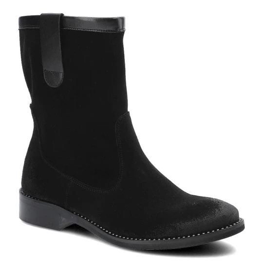Zdjęcie produktu Botki damskie Dwunasty Shoes, naturalna skóra zamsz cholewka za kostkę z paskiem wsuwana konstrukcja niskia podeszwa z drobnym bieżnikiem, czarne, 94