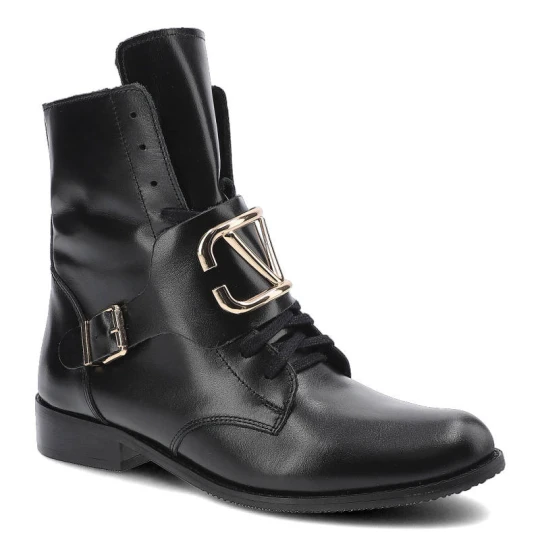 Zdjęcie produktu Botki damskie Pro-Moda, gładka skórzana cholewka dekoracyjna klamra i metalowy detal klasyczne sznurowanie, czarne, 2676