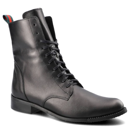 Zdjęcie produktu Botki damskie Pro-Moda, sznurowany fason podwyższona cholewka gładka skórzana powierzchnia niski stabilny obcas, czarne, 2315-001