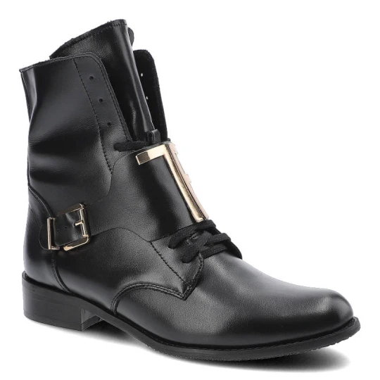 Zdjęcie produktu Botki damskie Pro-Moda, naturalna skóra licowa cholewka za kostkę z metalowym elementem częściowe sznurowanie stabilna podeszwa z niskim obcasem, cza czarny