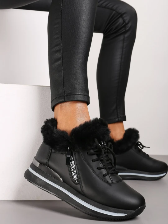 Zdjęcie produktu Czarne Botki Sneakersy na Grubej Podeszwie z Futerkiem Biqilee Vices