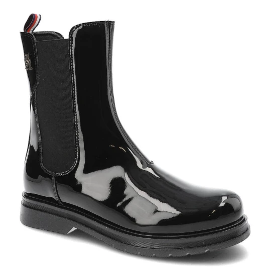 Zdjęcie produktu Botki damskie Tommy Hilfiger, cholewka ze skóry lakierowanej elastyczne wstawki po bokach wsuwana konstrukcja, black, T4A5-32408-0775999