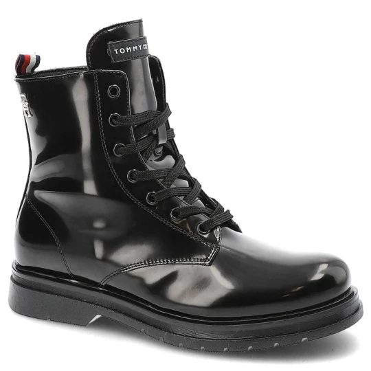 Zdjęcie produktu Botki damskie Tommy Hilfiger, cholewka ze skóry lakierowanej sznurowanie wysoka cholewka masywna podeszwa z bieżnikiem, black, T4A5-32411-1453999