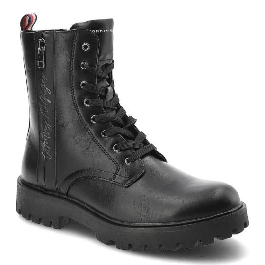 Zdjęcie produktu Botki damskie Tommy Hilfiger, cholewka ze skóry naturalnej sznurowanie dodatkowy suwak z boku masywna podeszwa, black, T3A5-32391-1355999