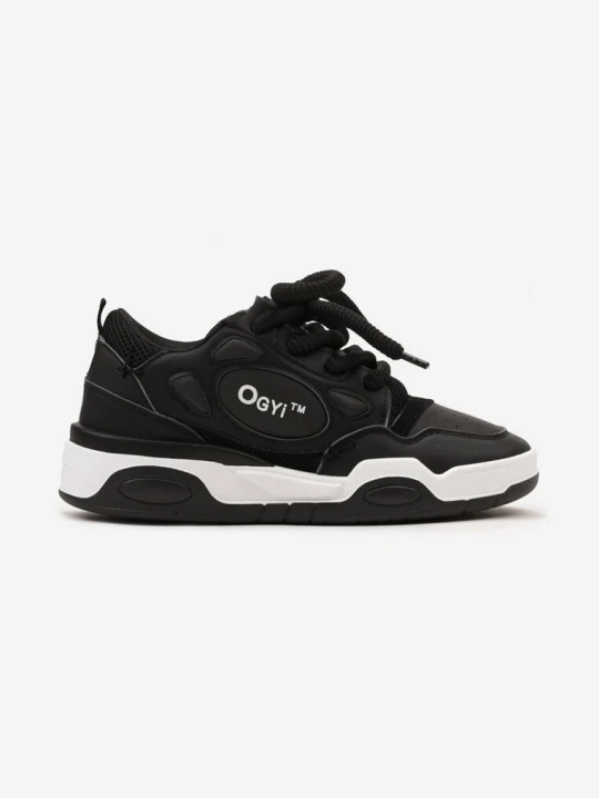 Zdjęcie produktu Czarne Buty Sportowe Sneakersy z Szerokimi Sznurówkami i Ozdobnymi Wstawkami Zoisite
