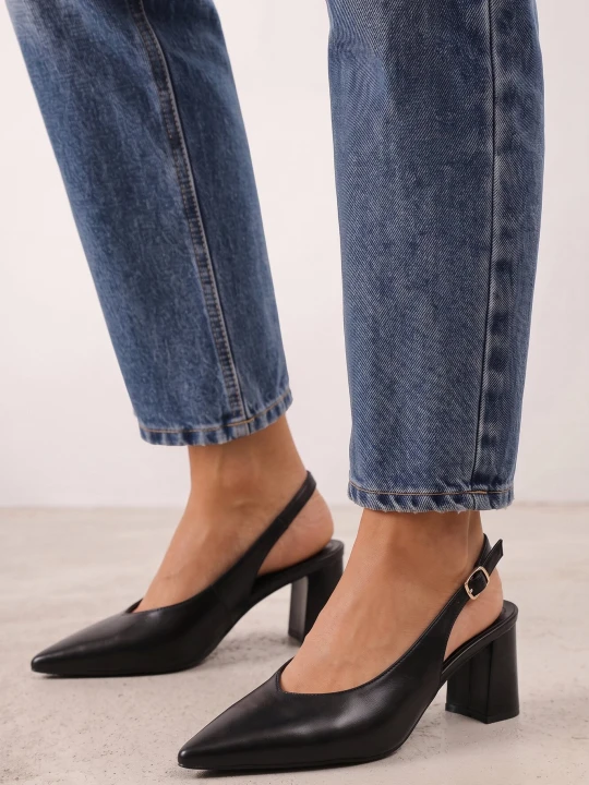 Zdjęcie produktu Czarne Eleganckie Czółenka na Słupku z Paskiem na Piętę i Noskiem w Szpic Gihisa Joalice Paris