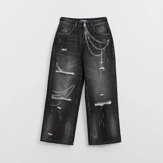 Zdjęcie produktu Czarne jeansy baggy z dziurami i nadrukiem łańcuszków House