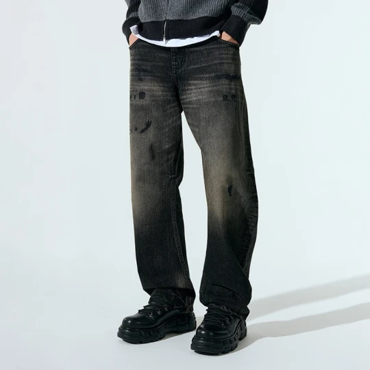 Zdjęcie produktu Czarne jeansy low rise baggy fit z efektem sprania i aplikacją House