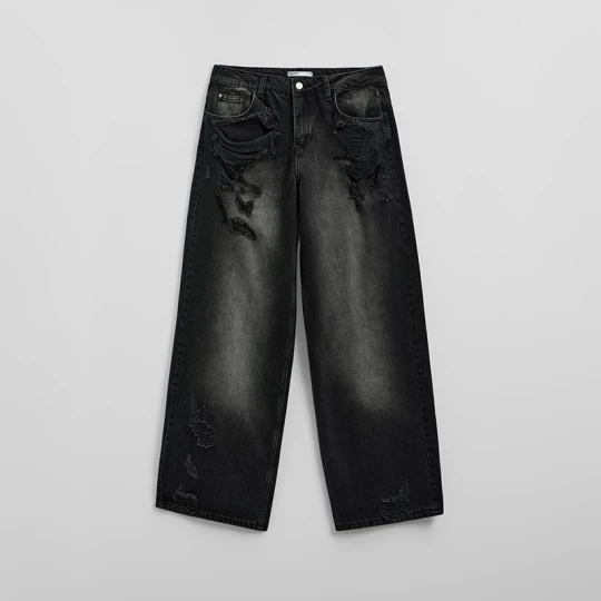 Zdjęcie produktu Czarne jeansy wide leg z dziurami i efektem sprania House