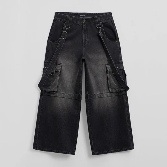 Zdjęcie produktu Czarne jeansy wide leg z kieszeniami cargo House