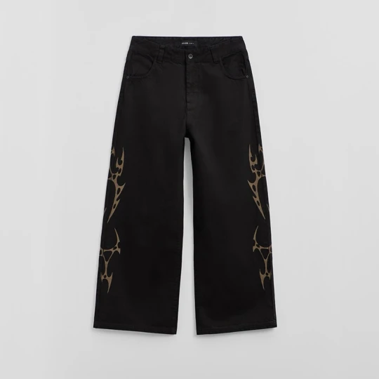 Zdjęcie produktu Czarne jeansy wide leg z nadrukiem w stylu tribal House