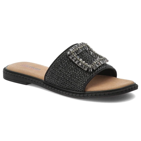 Zdjęcie produktu Klapki damskie Artiker, boho eleganckie z ozdobą na płaskim obcasie, czarne, 56C1339