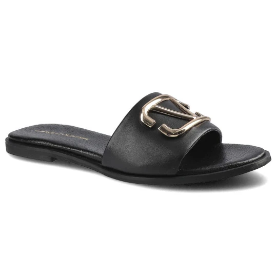 Zdjęcie produktu Klapki damskie Pro-Moda, naturalna skóra licowa w czarnym kolorze z szerokim paskiem z metalową klamrą oraz płaską podeszwą, czarne, 2626-001