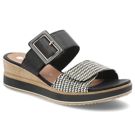 Zdjęcie produktu Klapki damskie Remonte, na koturnie wygodne skórzane z klasyczną klamrą, czarne, D6463