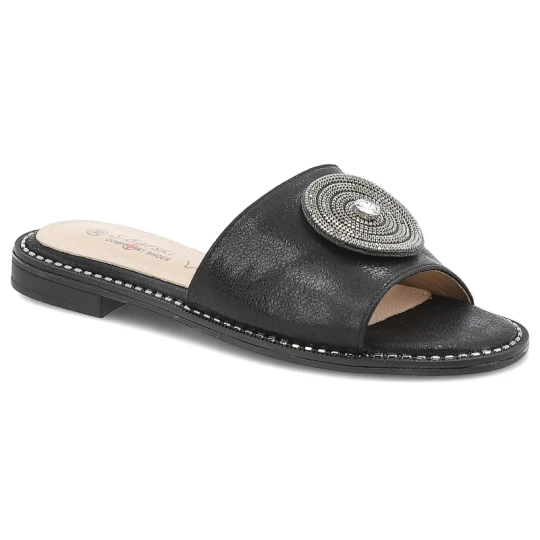 Zdjęcie produktu Klapki damskie S. Barski, eleganckie z eko skóry na płaskim obcasie ze sprzączką, czarne, KV51-013