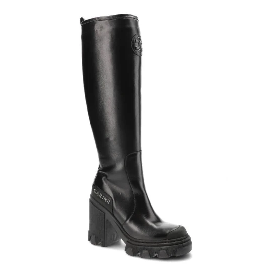 Zdjęcie produktu Czarne Kozaki Carinii Eleganckie Skórzane Buty Na Obcasie