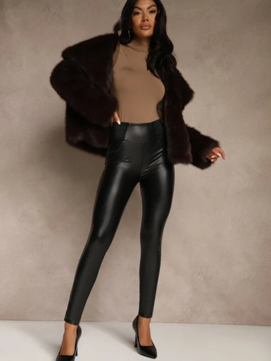 Zdjęcie produktu Czarne Legginsy z Imitacji Skóry High Waist z Ociepleniem Felilith Defox