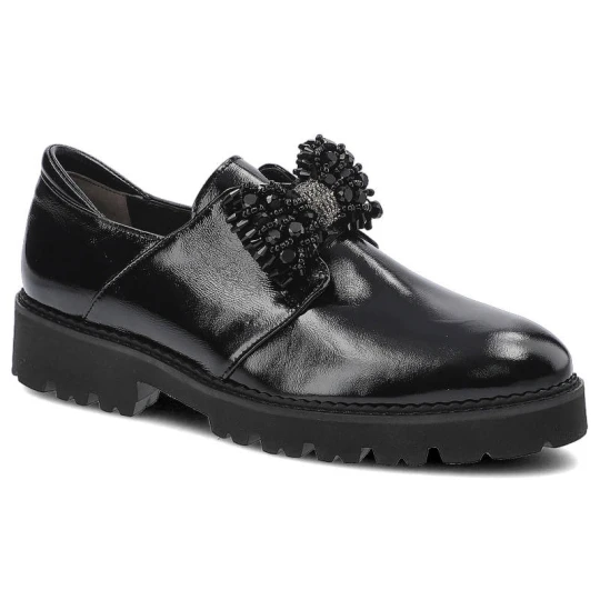 Zdjęcie produktu Półbuty damskie Dwunasty Shoes, naturalna skóra licowa lakierowana wsuwana konstrukcja aplikacja dekoracyjna masywna podeszwa z wyraźnym bieżnikiem czarny