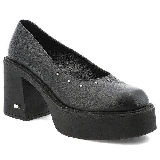 Zdjęcie produktu Półbuty damskie Karino, na wysokim klocku eleganckie skórzane z dżetami wsuwane z okrągłym noskiem, czarne licowe, 5648-126-P