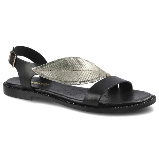 Zdjęcie produktu Sandaly damskie Dwunasty Shoes, z regulowanym paskiem na pięcie płaską podeszwą oraz dekoracyjnym elementem na przodzie, czarno-złote, 900-2