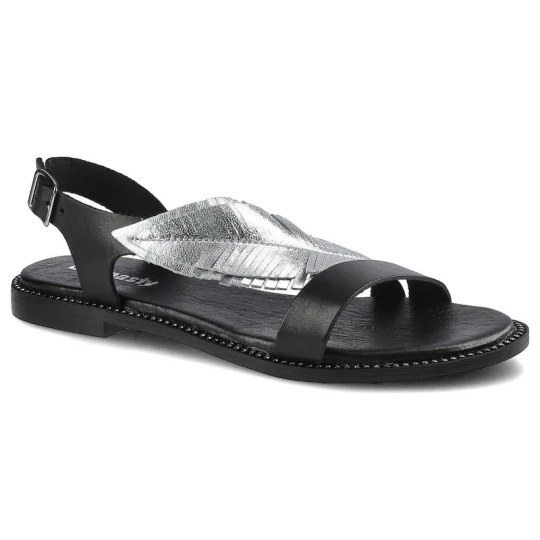Zdjęcie produktu Sandaly damskie Dwunasty Shoes, z regulowanym zapięciem przy pięcie płaską podeszwą oraz dekoracyjnym elementem na cholewce, czarno-srebrne, 900-2