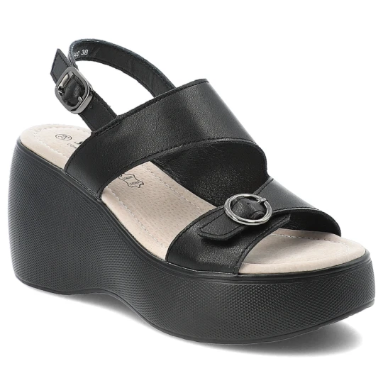 Zdjęcie produktu Sandały damskie S. Barski, na koturnie skórzane eleganckie na sprzączkę, czarne, LR51-540