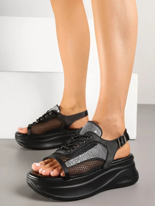 Zdjęcie produktu Czarne Sandały Sneakersy Peep Toe z Siateczką Sorialise Mellisa