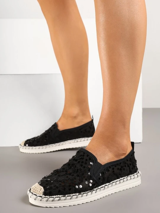 Zdjęcie produktu Czarne Siateczkowe Espadryle z Cekinowym Zdobieniem Vivianoria Fashion