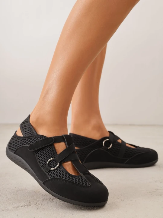 Zdjęcie produktu Czarne Siateczkowe Sneakersy w Stylu Balerinek z Paskiem na Rzep Talenate Kang You