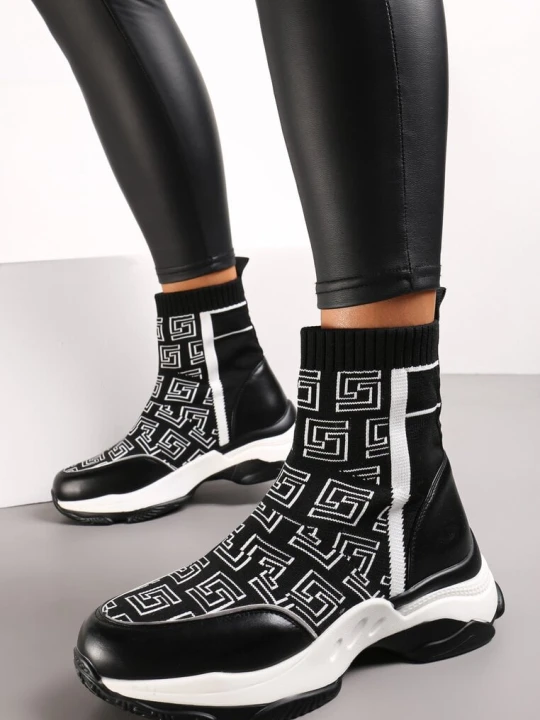 Zdjęcie produktu Czarne Skarpetkowe Sneakersy na Płaskiej Grubej Podeszwie Parnelia