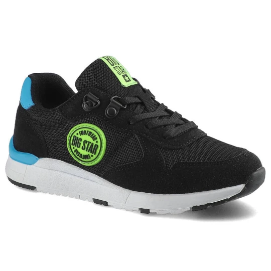 Zdjęcie produktu Sneakersy damskie Big Star, materiał tekstylny z elementami skóry ekologicznej w czarnej kolorystyce z klasycznym sznurowaniem kontrastowymi detalami
