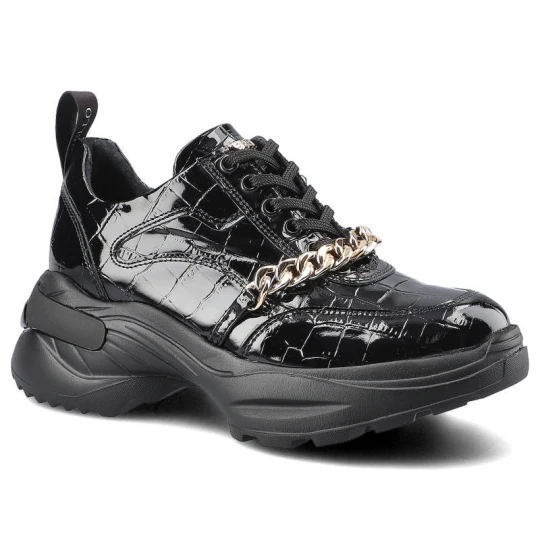 Zdjęcie produktu Sneakersy damskie Chebello, z lakierowanej skóry naturalnej o tłoczonej fakturze z łączoną cholewką klasycznym wycięciem sznurowanym zapięciem ozdobn czarny
