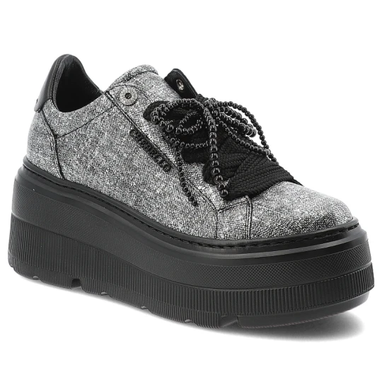 Zdjęcie produktu Sneakersy damskie Chebello, skórzane na grubej podeszwie z ozdobą sznurowane z okrągłym noskiem, czarno-srebrne, 4658-531-000-PSK-S332