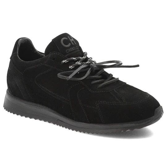 Zdjęcie produktu Sneakersy damskie Chebello, skórzane na płaskiej podeszwie z okrągłym noskiem i sznurowane, czarne, 4861