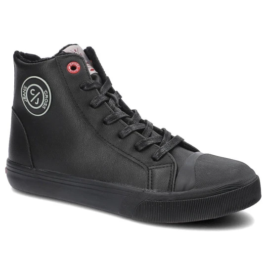 Zdjęcie produktu Sneakersy damskie Cross Jeans, z naturalnej skóry licowej z miękką cholewką sznurowanym zapięciem uzupełnionym o praktyczny suwak, czarne, II2R4009C